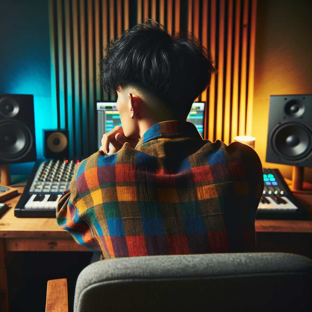 man sitting at a desk listening to studio monitors 